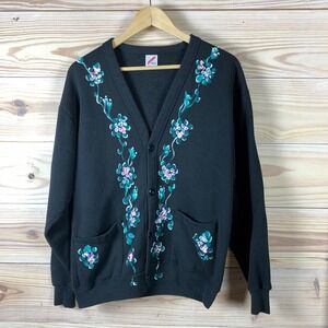 Vintage Jerzees Handpainted Cardigan Sweater Women OS Black Flowers Artsy USA
